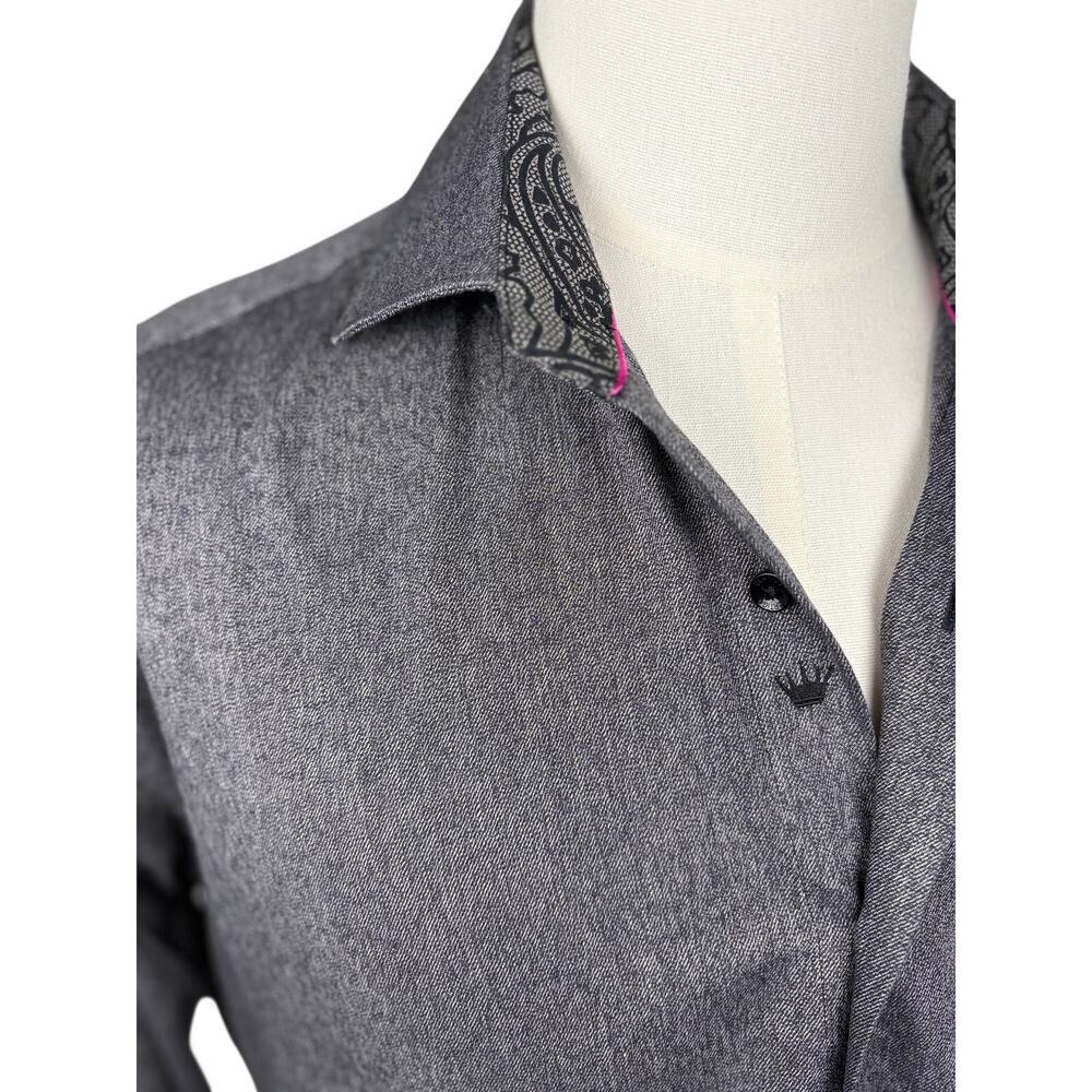 Bertigo Gray Textured Button Down Shirt Large Paisley Trim Cotton - Picture 4 of 6